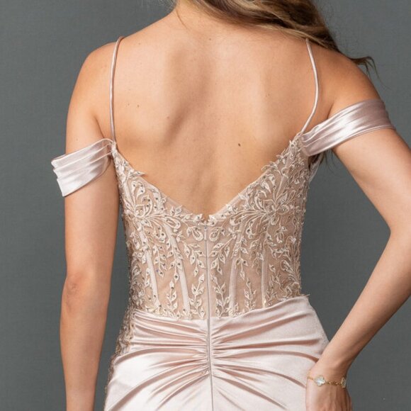 New Soft Satin Graduation Gown w/ Corset Lace Bodice & Draped V-Neck DQ 4537 - Picture 7 of 8